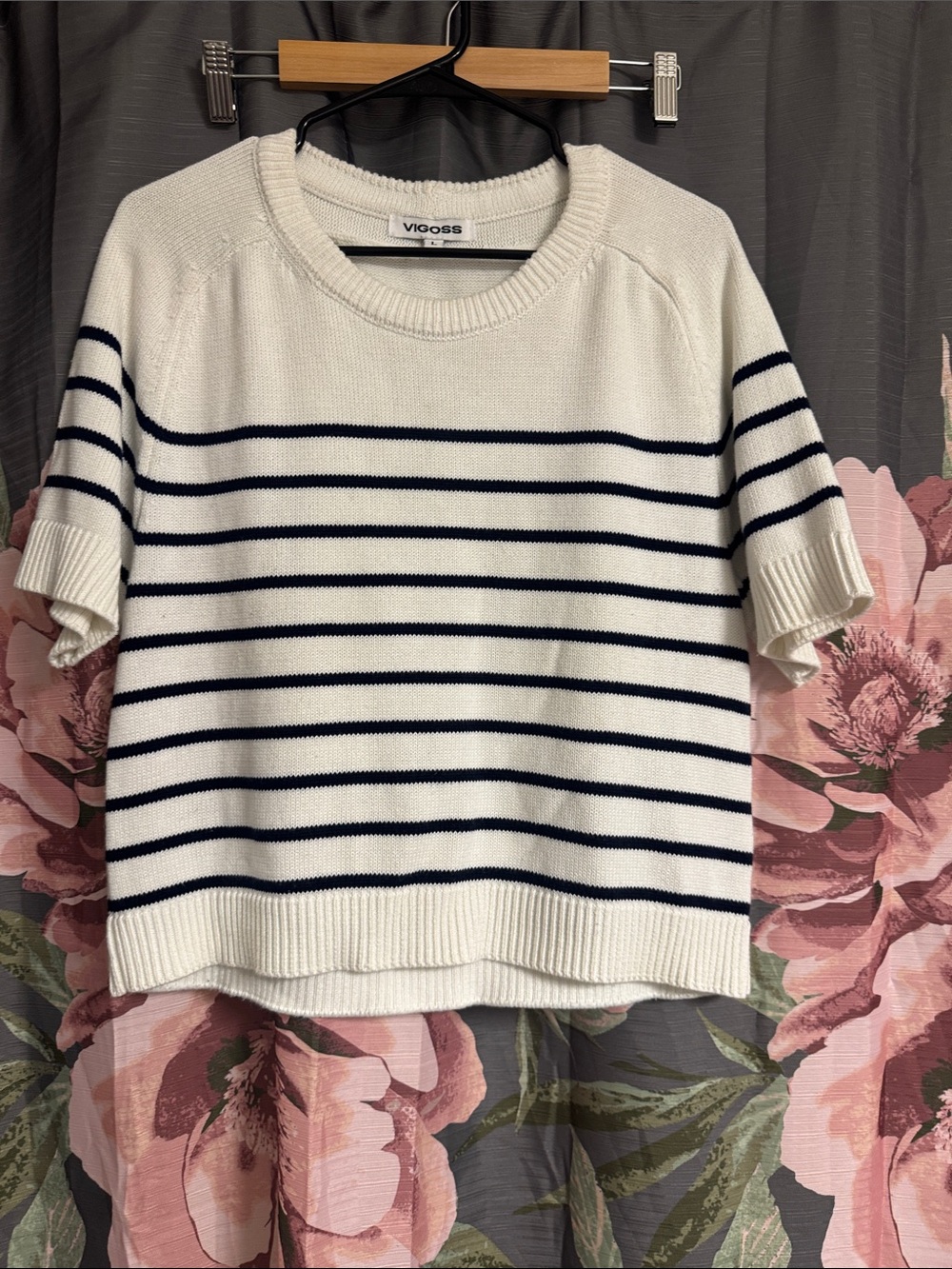Vigoss Cream Sweater with Navy Stripes, Short Sleeve Crew Neck